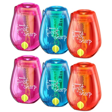 Bostitch Twist-n-Sharp Kids Pencil Sharpener, Assorted Colors, 6PK PS1ADJ